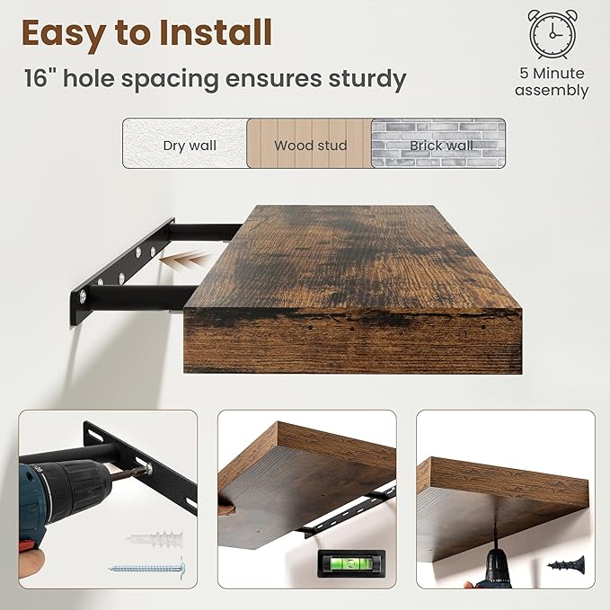 36 Inch Floating Shelves for Wall, 8 Inch Deep Floating Shelf for Storage & Display, Wall Mounted Shelf with Invisible Brackets for Living Room, Kitchen, Bathroom, Home Decor, Set of 2, Rustic Brown