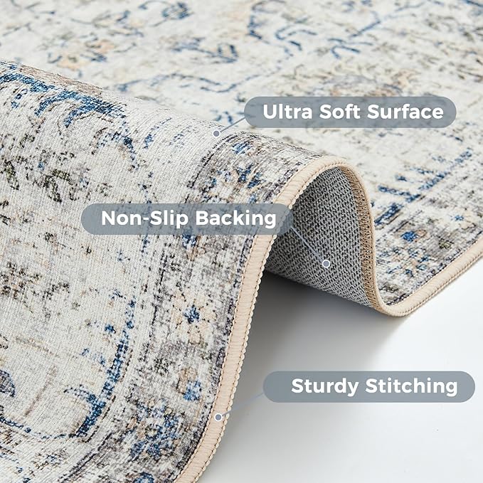 jinchan Kalen Runner Rug 2x10 Washable Hallway Rug Vintage Indoor Thin Retro Floor Cover Floral Country Lightweight Non Slip Carpet for Entryway Bathroom Kitchen Bedroom Living Room Stairway Blue