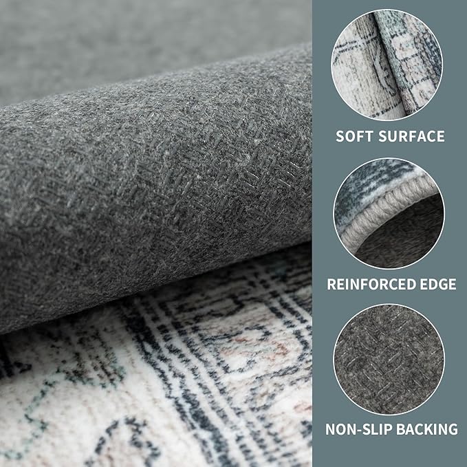 Washable Runner Hallway Rug,Low Pile 2x6 Non Slip Non-Shedding Kitchen Carpet Soft Indoor Stain Resistant Rug for Bedroom Laundry Room Bathroom Blue Beige Multi