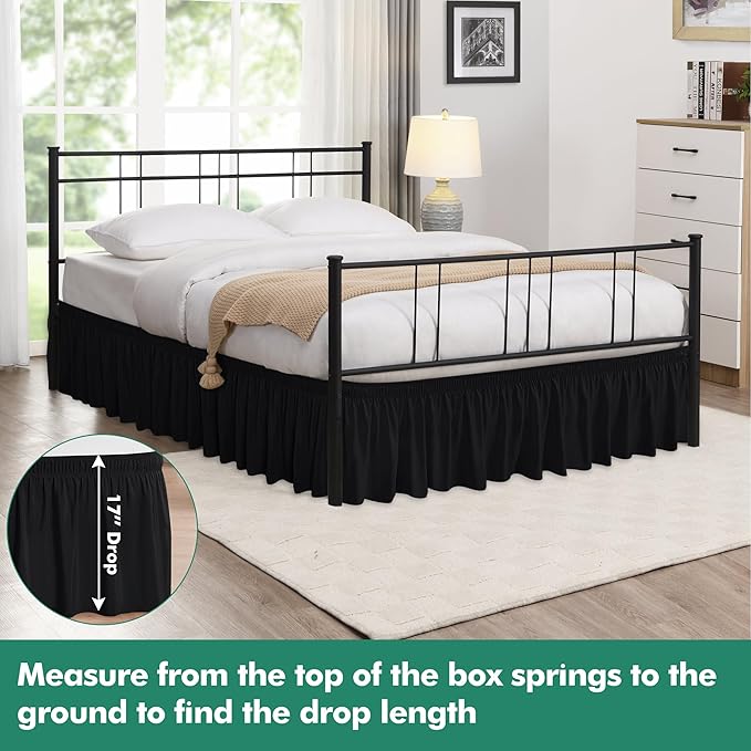 Biscaynebay Wrap Around Bed Skirts with Split Corners for Full Beds 17" Drop, Black Elastic Dust Ruffles Easy Fit Wrinkle & Fade Resistant Silky Luxurious Fabric Solid Machine Washable