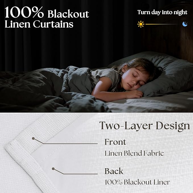 White Linen Blackout Pleated Curtains 90 Inches Long for Living Room Darkening Pinch Pleat 100% Black Out Drapes Thermal Insulated Soundproof Pure White 90 Inch Curtain Panel for Dining Bedroom