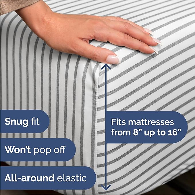 Split King 7 Piece Sheet Set - Cooling & Breathable - Hotel Luxury Bedding Includes Fitted Sheets for Women, Men, Kids & Teens - 1 Flat, 2 Fitted Sheets, 4 Pillowcases w/Deep Pockets - Grey Stripes