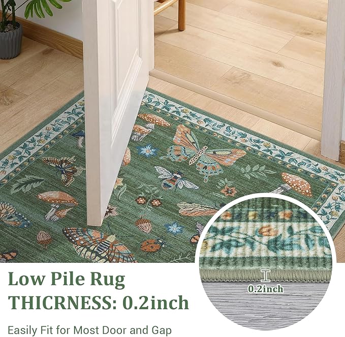 Mushroom Insect Rug 2x6 Runners for Hallways, Boho Kitchen Runner Rugs Non Slip Bath Runner, Modern Washable Runner Rug for Bedroom, Soft Long Rugs for Entryway Bathroom Laundry Dorm, Blue