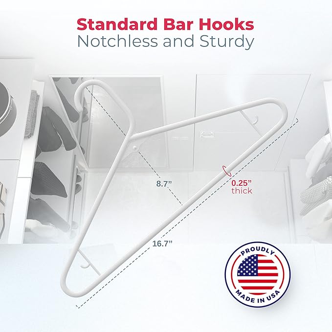 Neaties Plastic Hangers 100 Pack – Made in The USA – 6lb Capacity Standard Clothes Hangers with Strap Hooks for Dresses, Lingerie, Shirts, Pants, and Jackets – White