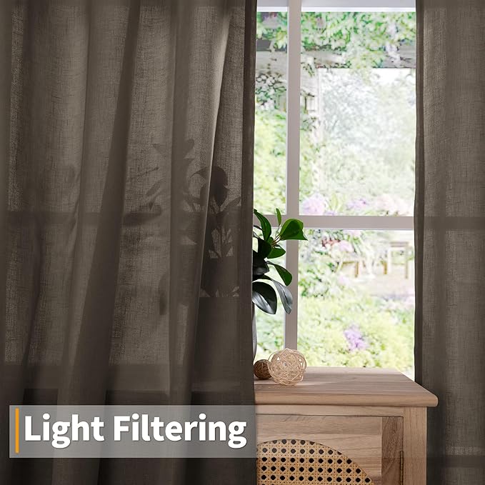 YoungsTex Brown Linen Semi Sheer Curtains 48 Inches Length, Light Filtering Small Window Drapes Privacy with Grommet for Living Room Bedroom, 2 Panels, 42 X 48 Inch