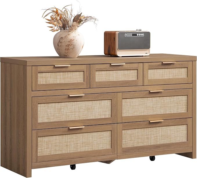 SICOTAS 7 Drawer Dresser for Bedroom, 57" Wide Rattan Dressers, Large Chest of Drawers for Bedroom, Dresser TV Stand, Boho Closet Organizer (Reclaimed Caramel Oak, 7 Drawers (1 pc))