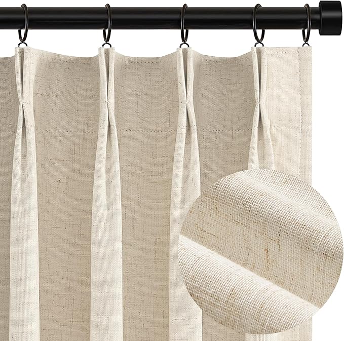 Topfinel 102 Inches Long Cream Colored Custom Total Blackout Linen Curtains, Tan Pinch Pleated Curtains with Pin Hooks for Traverse, Burlap Viral Drapes 2 Panels for Living Room Master Bedroom