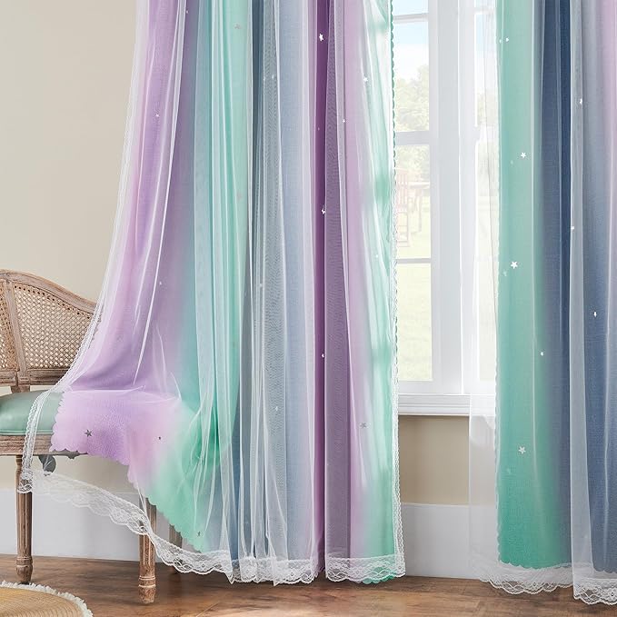 XiDi Curtains for Bedroom Decor, Rainbow Purplgreen grey52/45