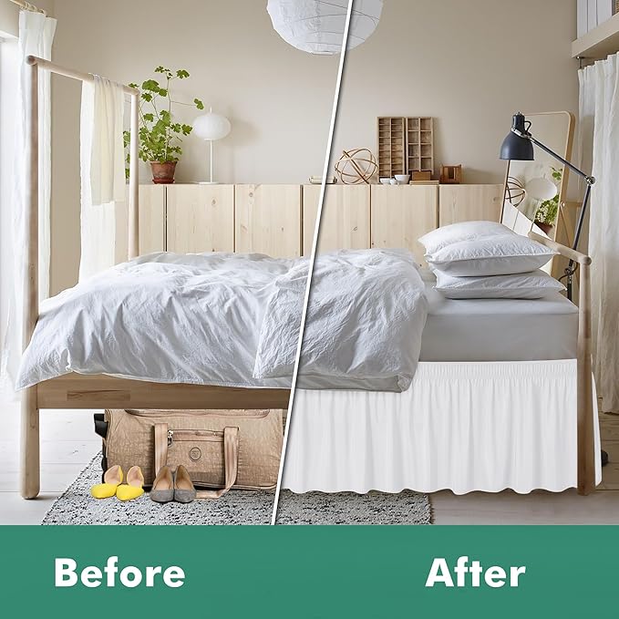 Biscaynebay Wrap Around Bed Skirts with Split Corners for King Beds 18" Drop, White Adjustable Elastic Dust Ruffles Easy Fit Wrinkle Resistant Silky Luxurious Fabric Machine Washable