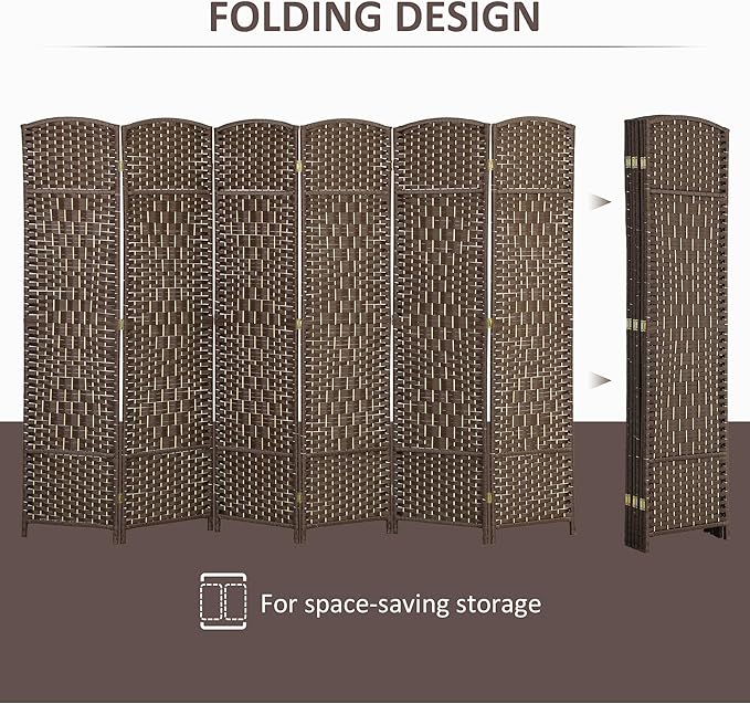HOMCOM 6 Panel Room Divider, 6' Tall Folding Privacy Screen, Hand-Woven Freestanding Wall Partition for Home Office, Bedroom, Brown