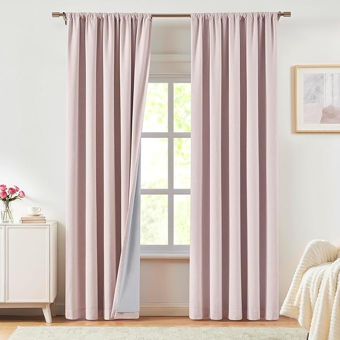 Vision Home Pink Linen Full Blackout Curtains 95 inch Long for Bedroom Living Room Darkening Light Blocking Window Panels Thermal Insulated Rod Pocket Back Tab Neutral Drapes 56" Wx95 Lx2