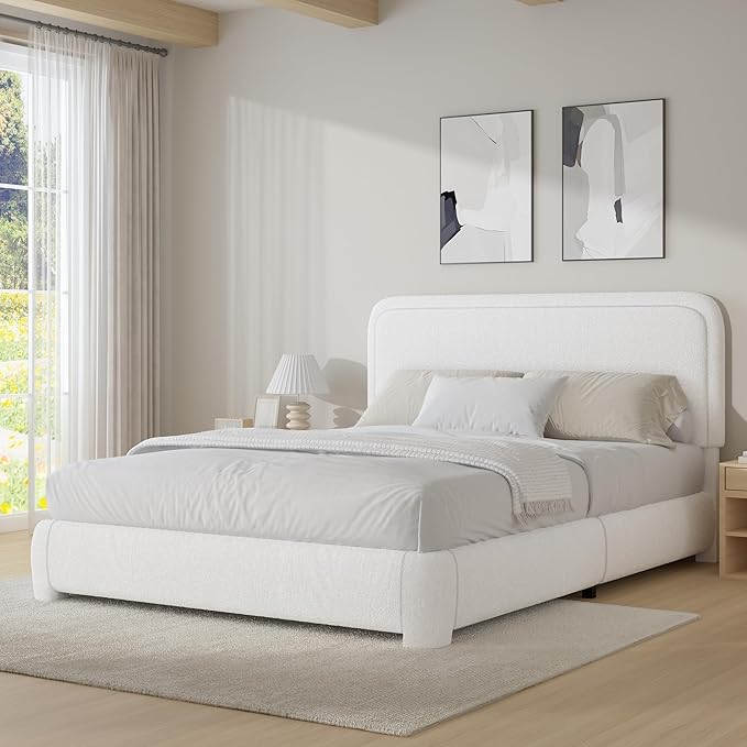 BarnFurin Full Size Bed Frame,Cloud Boucle Upholstered Platform Bed Frame with Headboard, Modern Style, Soft Rounded Corners, No Box Spring Required, Easy Assembly, White