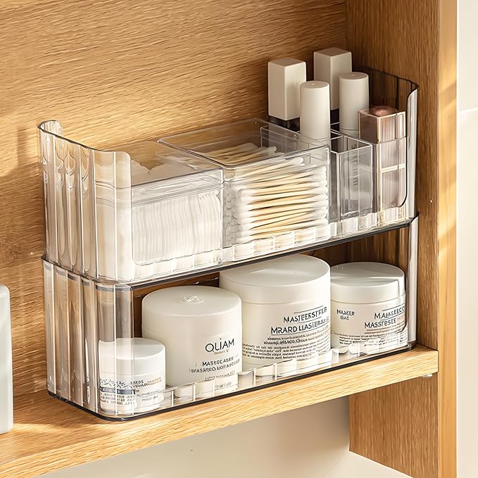 2-Tier Stackable Medicine Cabinet Organizer, Narrow Bathroom Makeup Organizer with Lipstick Holders & Cotton Swab Cases, Clear Countertop Shelf for Mirror Cabinet and Vanity