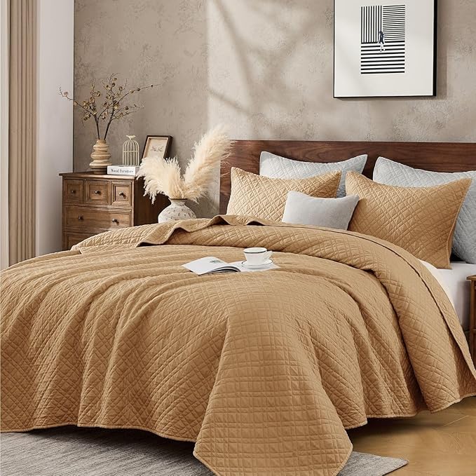 Cali King Quilt Set with Shams Lightweight Quilted Bedspread Coverlet Thin Comforter Bed Cover Vintage Washed Quilted Blanket for All Season, Brushed Microfiber Diamond Stitching, Brown, 111"x92"