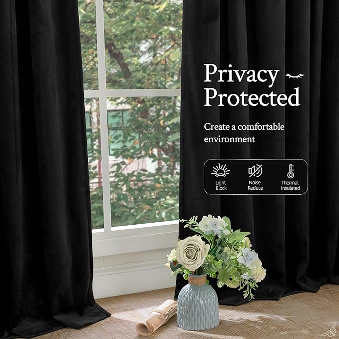 LAMIT Velvet Blackout Curtains for Bedroom 102 Inch Length, Halloween Black Room Darkening Thermal Panels Privacy Protected Back Tab and Rod Pocket Drapes for Living Room, 2 Panels, 52 x 102 Inch