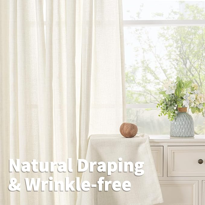 YoungsTex Ivory Linen Curtains 40 Inch Length for Kitchen Window, Short Semi Sheer Drapes Light Filtering with Bronze Grommet Privacy for Cafe Bathroom Windows, 42 x 40 Inch, 2 Panels