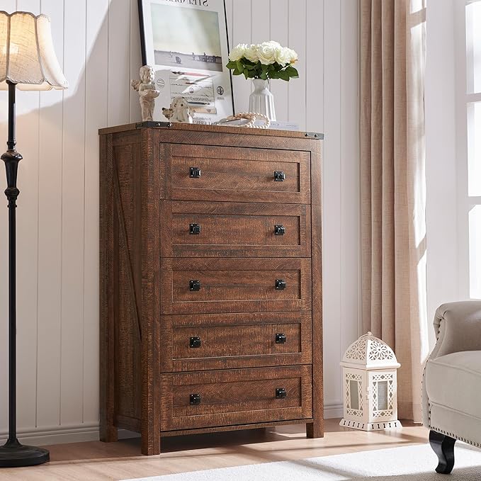T4TREAM Farmhouse 5 Drawers Dresser Chests for Bedroom, Wood Rustic Tall Chset of Drawers,Dressers Organizer for Bedroom, Living Room,Hallway, Reclaimed Barnwood