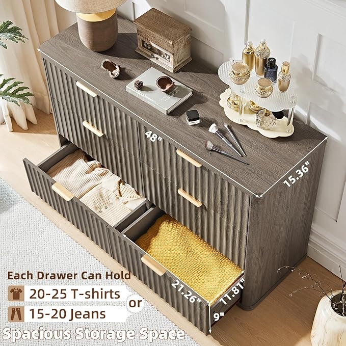LEYAOYAO 48" Wide Fluted Dresser and 3 Drawers 23" Nightstand Set of 2, Wooden Dresser & Night Stand with Charging Station, 3 Piece Bedroom Furniture Set, Chest of Drawer for Living Room,Grey