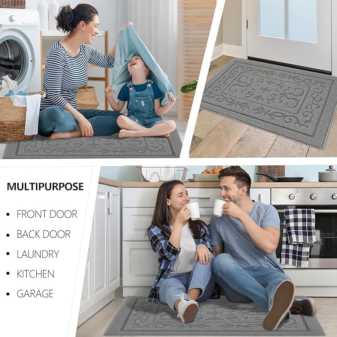 FONEYI Indoor Door Mat 24" x 36", Dirt Trapper Door Mats Non-Slip Entryway Rugs Washable, Absorbent Resist Dirt Welcome Mat, Low Profile Inside Floor Mats for Front Back Door and Entryway, Light Grey