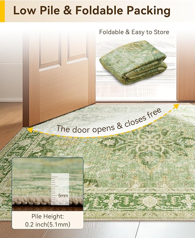 Area Rugs Square 8ft Washable Non-Slip, Floral Vintage Distress Print Pattern Medallion Carpet for Living Room Bedroom Dining Room, Sage Green Yellow