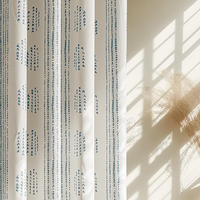 100% Boho Blackout Curtains 90 Inches Long for Bedroom, Blue on Beige Patterned Bohemian Curtains for Living Room, Geometric Striped Thermal Insulated Window Drapes Gromment Top 2 Panels