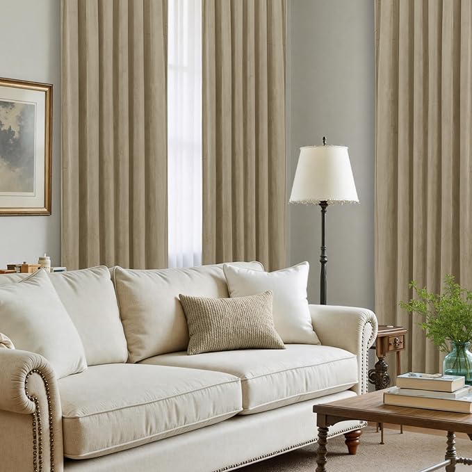LAMIT Dark Taupe Velvet Curtains 84 Inch for Living Room, Thick Blackout Thermal Insulated Panels Room Darkening Country Decor Back Tab and Rod Pocket Drapes for Bedroom, 2 Panels, 52 x 84 Inch