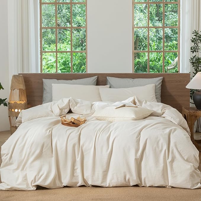 MooMee Striped Duvet Cover Set 100% Washed Cotton Linen Like Textured Breathable Durable Soft Comfy (Almond Milk Grey Pinstripes, Super King 108"x98")