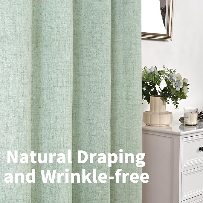 YoungsTex Sage Linen Curtains 63 Inch Length, Light Filtering Window Drapes with Bronze Grommet for Bedroom Short Window Rustic Country Spring Decorative, 42 x 63 Inch, 2 Panels