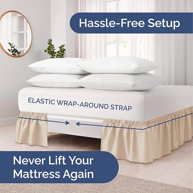 Wrap Around Dust Ruffle Bed Skirt - Cream - for Full Size Beds with 18 Inch Drop - Easy Fit Elastic Strap - Adjustable Pleated Bedskirt w/Brushed Fabric - Wrinkle Free - for Women, Men, Kids & Teens