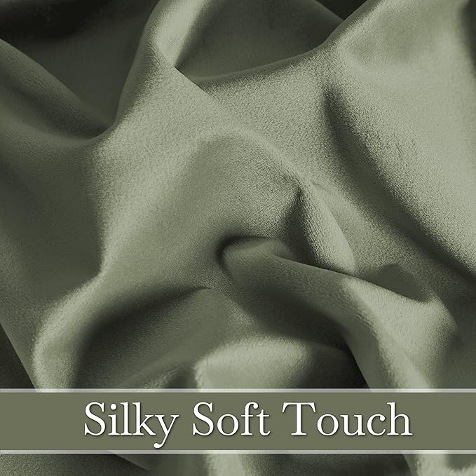 RYB Home Plush Velvet Curtains, Heavy Duty Back Tab Decorative Window Drapes Privacy Room Darkening Covering for Living Room Playroom, Sage Green, W52 x L108 inches, Set of 2 Panels