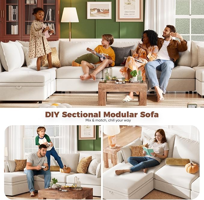 ABCASA Luxury Modular Sectional Sofa, L-Shaped 3-Seat Couch with Storage Ottoman Deep Seat & Reversible Chaise Lounge Chenille White for Compact Spaces, Apartments, Dorm
