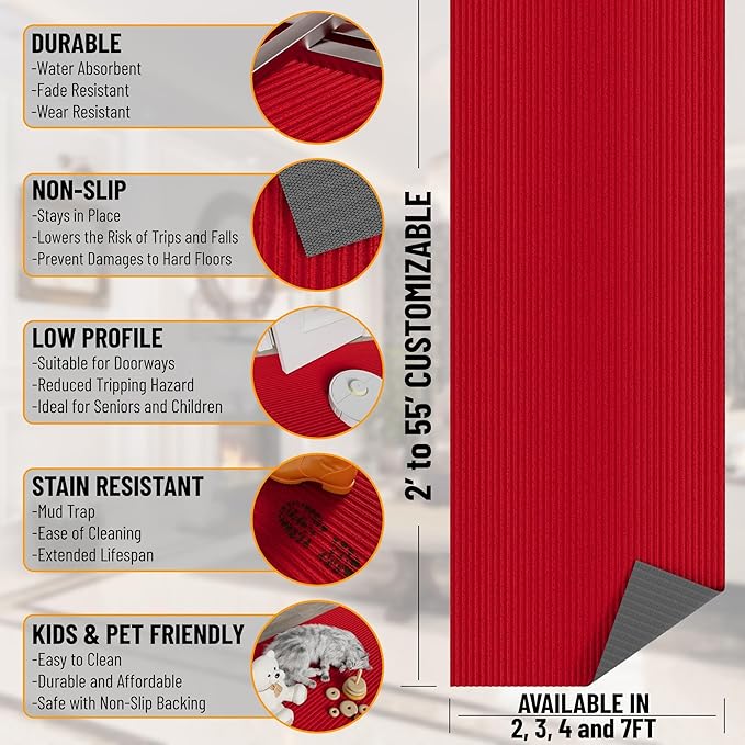 Ottomanson 6'6" x 35' Hallway Runner with Scraper Pile Extra Durable Non-Slip Rug Mat for Indoor & Outdoor Use - Ideal for Kitchen, Entryway, Patio & Garage - High-Traffic Carpet, Red