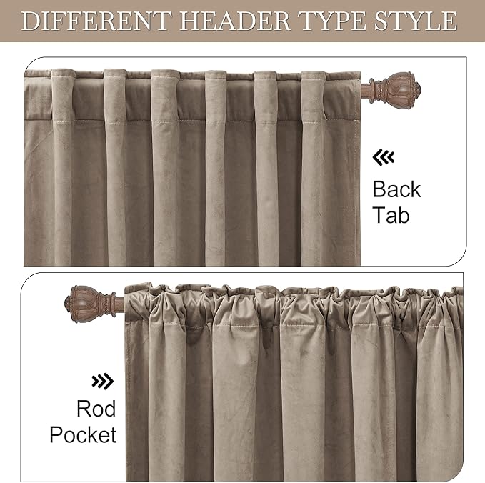 RYB Home Velvet Curtains 96 inches for Sliding Door - Blackout Curtains for Living Room, Thermal Insulated Panels Soft Luxury Window Decor for Kids Bedroom, W62 x L96, Taupe, 2 Panels
