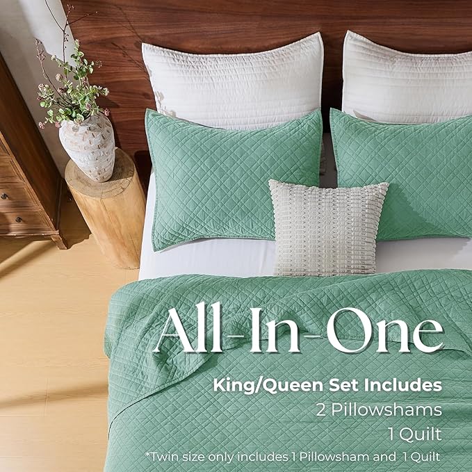 DOWN HOME Twin Quilt Set with Sham Lightweight Quilted Bedspread Coverlet Thin Comforter Bed Cover Vintage Washed Quilted Blanket for All Season, Brushed Microfiber Diamond Stitching, Green, 66"x92"