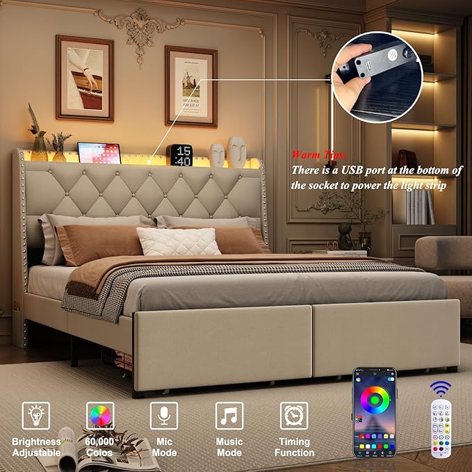 Queen Bed Frame with Storage Headboard and 2 Drawers, Upholstered Button Tufted Platform Bed Frame Queen Size with LED Lights, Charging Station, No Box Spring Needed, Noise Free, Easy Assembly, Beige