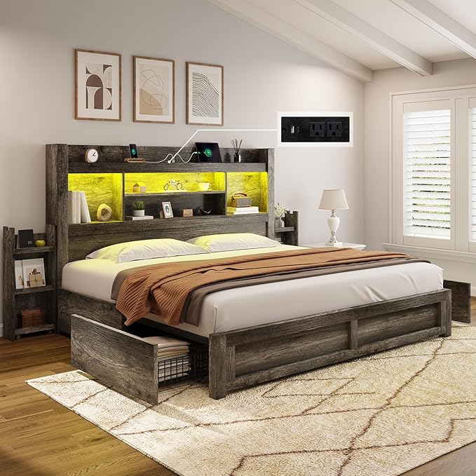 AMERLIFE King Size Bed Frame with 4 Storage Drawers, LED Bed Frame with 49“ Tall Bookcase Headboard, Wood Platform Bed with Charging Station & 2 Slide Bedside Shelf, No Box Spring Needed/Rustic Grey