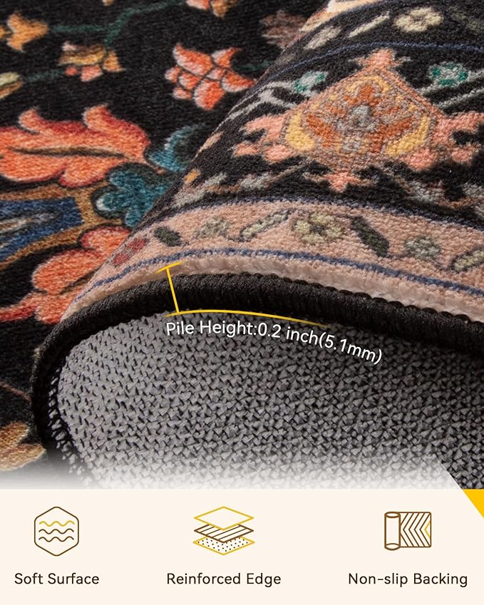 Area Rugs 3'x10' Washable Non-Slip, Floral Vintage Distress Print Pattern Medallion Carpet for Living Room Bedroom Dining Room, Black Colorful Floral Dark Tan