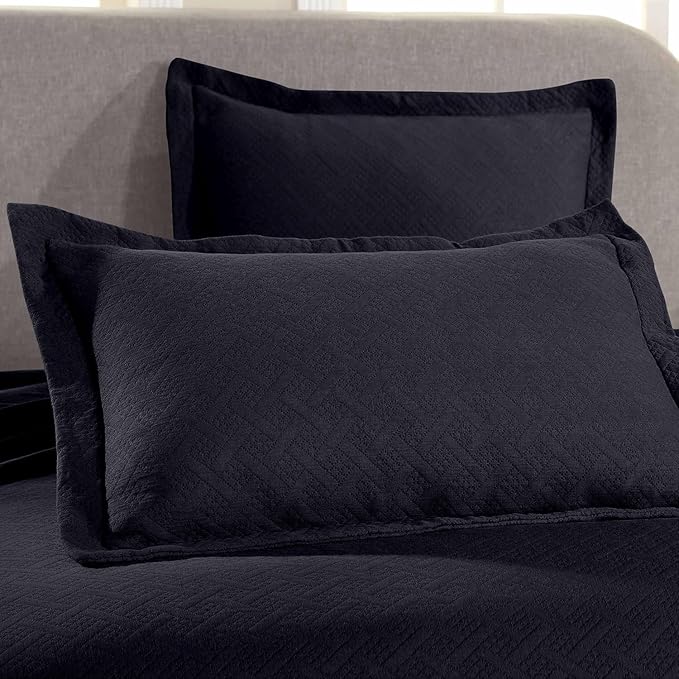 Superior 3 Piece Basketweave Cotton Bedspread Set, Home Bed Decor, Decorative Bed Spread, 2 Pillow Shams, Medium Weight Blanket, Matelasse Coverlet Bedding, Geometric Lattice Pattern, Full, Navy Blue