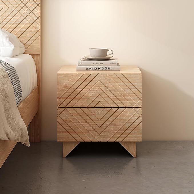 MUSEHOMEINC Solid Wood Nightstand with 2 Drawer Storage, Modern Beside Table, Small 2 Drawer Dresser, Night Stand with Two Unique Rhombus Details Drawers for Bedroom, Home,Living Room