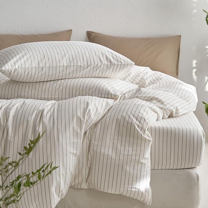 MooMee Striped Duvet Cover Set 100% Washed Cotton Linen Like Textured Breathable Durable Soft Comfy (White Tannish Linen Grey Wide Stripes, Oversized Full 82"x86")