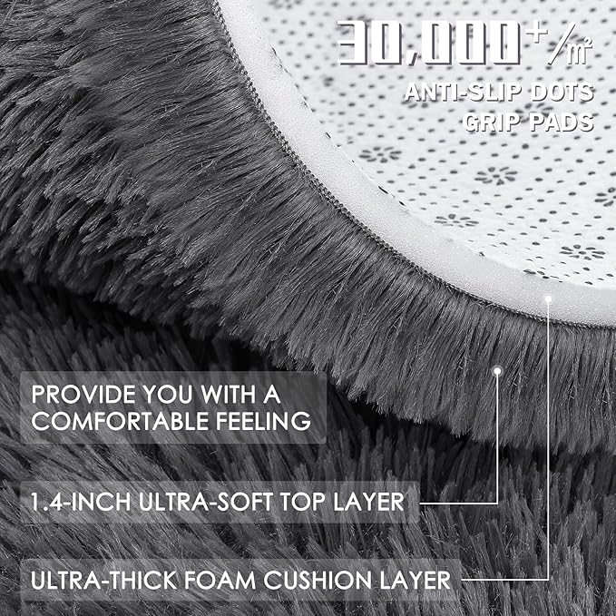 OLANLY Grey Round Rugs for Bedroom - Machine Washable, 2 ft Circle Area Rugs for Living Room, Soft and Fluffy Shaggy Carpet for Teen Girls and Boys, Nursery Rooms, Dorms, Home Decor Aesthetic