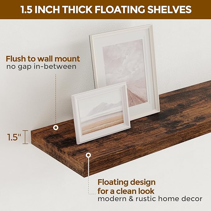 Fun Memories 72 Inch Floating Shelves for Wall, 72x9.3 Large Floating Shelf for Bedroom, Kitchen, Bathroom, Wall Mounted Rustic Wood Shelves with Invisible Bracket for Books, Decor, Rustic Brown