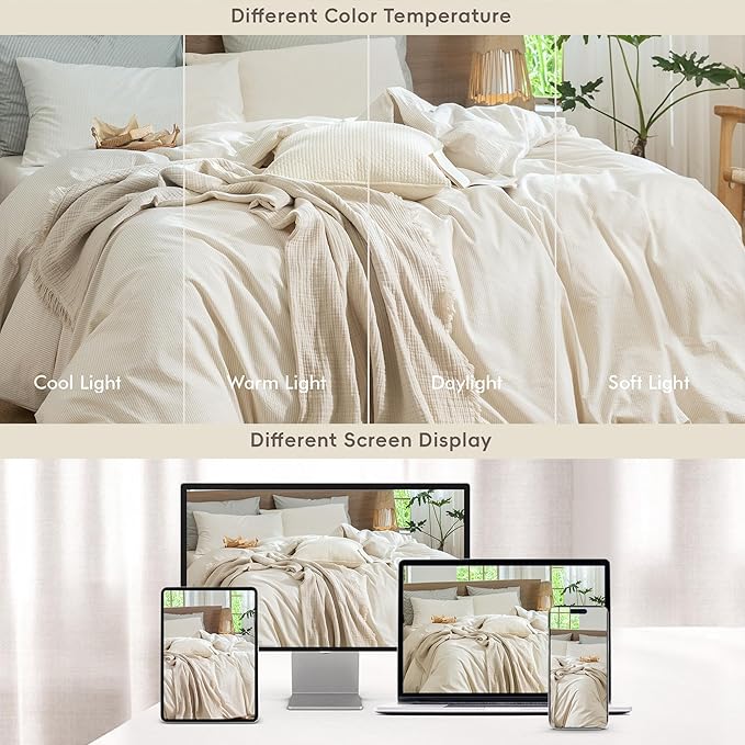 MooMee Striped Duvet Cover Set 100% Washed Cotton Linen Like Textured Breathable Durable Soft Comfy (Almond Milk Grey Pinstripes, Super Queen 90"x98")