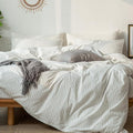 MooMee Striped Duvet Cover Set 100% Washed Cotton Linen Like Textured Breathable Durable Soft Comfy (White Dark Grey Wide Stripes, Super Queen 90"x98")