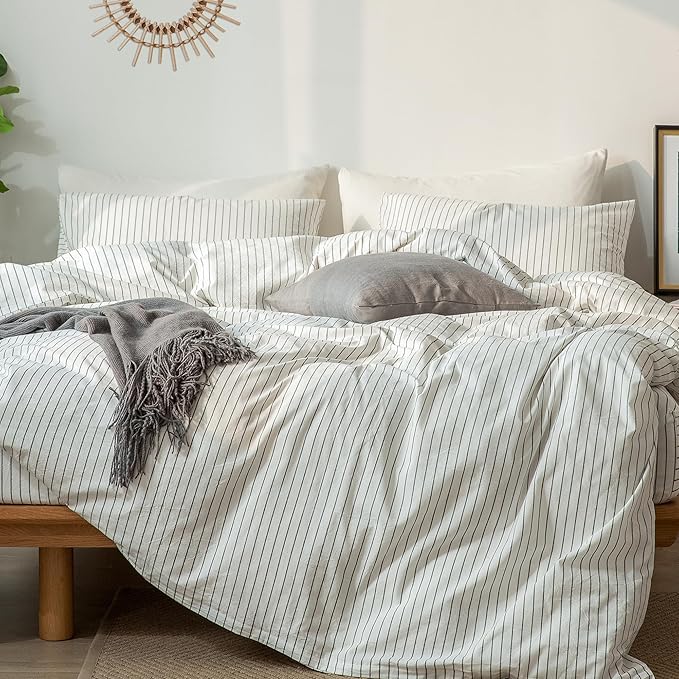 MooMee Striped Duvet Cover Set 100% Washed Cotton Linen Like Textured Breathable Durable Soft Comfy (White Dark Grey Wide Stripes, Super Queen 90"x98")