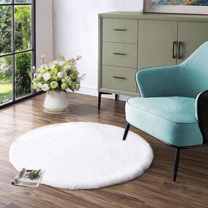 Latepis White Fur Round Rug 3ft Non-Slip Washable Circle Rug Fluffy Faux Rabbit Fur Rugs for Photoshoot Plush Shag Furry Carpet for Living Room Bedroom Kids Room