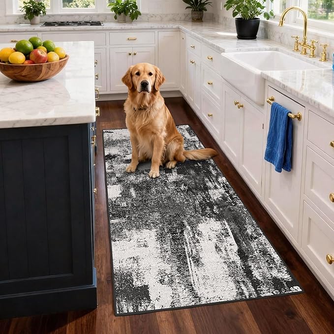 3x8 Hallway Washable Runner Rug: Extra Long Kitchen Runner Non Slip Abstract Rugs Printed Faux Wool Low Pile Soft Indoor Floor Carpet for Bedroon Dining Living Room Bathroom Black White 3x8