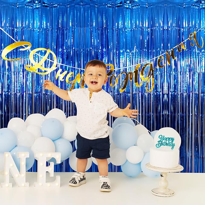 GOER 3.2 ft x 9.8 ft Metallic Tinsel Foil Fringe Curtains Party Photo Backdrop Party Streamers for Birthday,Graduation,New Year Eve Decorations Wedding Decor (4 Packs,Navy)