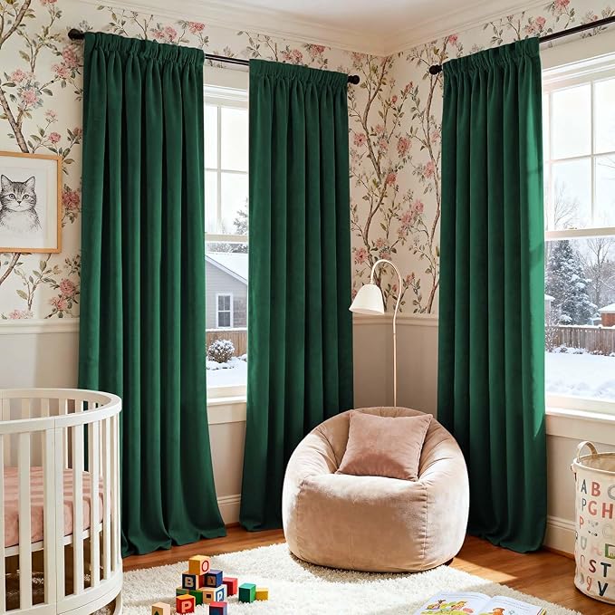 Lazzzy Velvet Blackout Curtains Thermal Insulated Room Window Drapes Super Soft Luxury Curtains for Living Room Bedroom Rod Pocket 2 Panels, Emerald Green, 62" W x 108" L