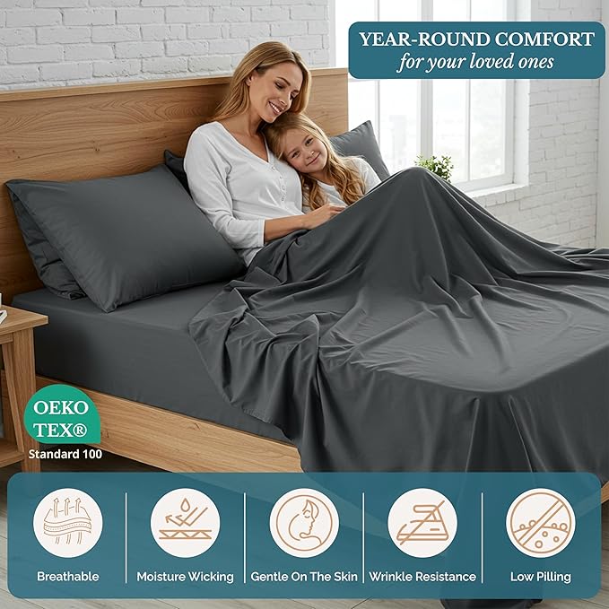 Casa Platino Queen Size Bed Sheets, Pre-Washed Microfiber Sheet Set, Ultra Soft & Cooling Bed Sheets with Deep Pockets up to 15", Cozy Hotel Quality Bedding for Queen Mattress – Charcoal